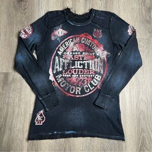 Affliction Shirt Mens Large Black Blue Reversible Thermal Skull American Customs